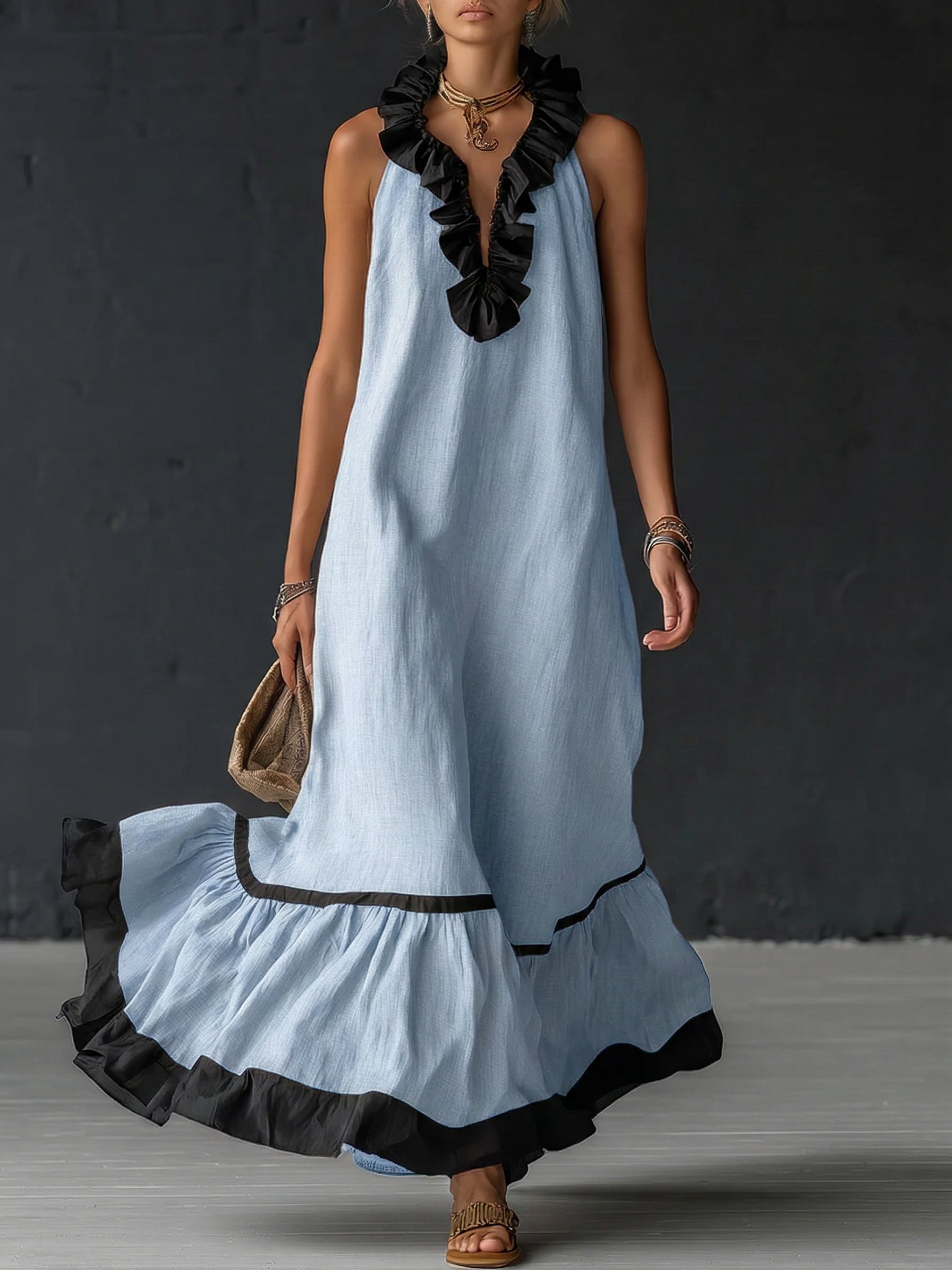 Sofia | Vestido Maxi con Volantes y Detalle Bicolor