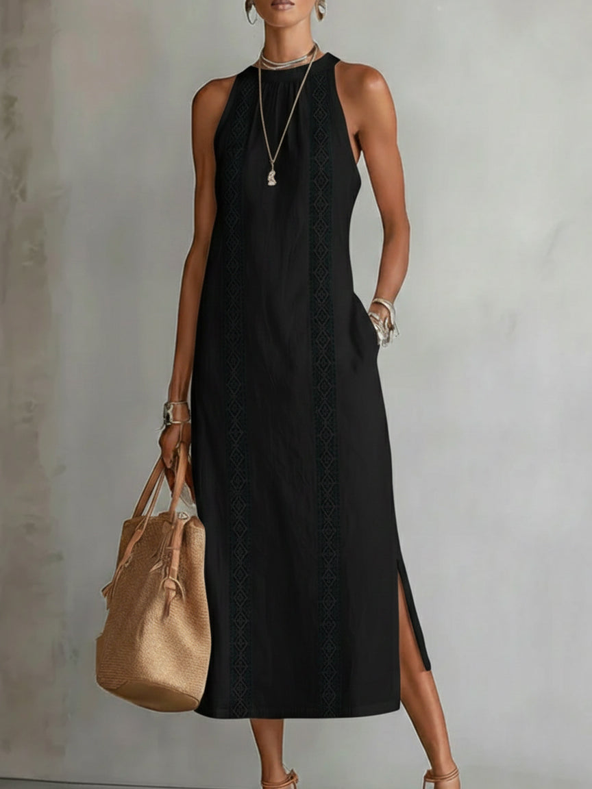 Beatriz | Vestido Midi de Lino con Encaje y Cuello Alto