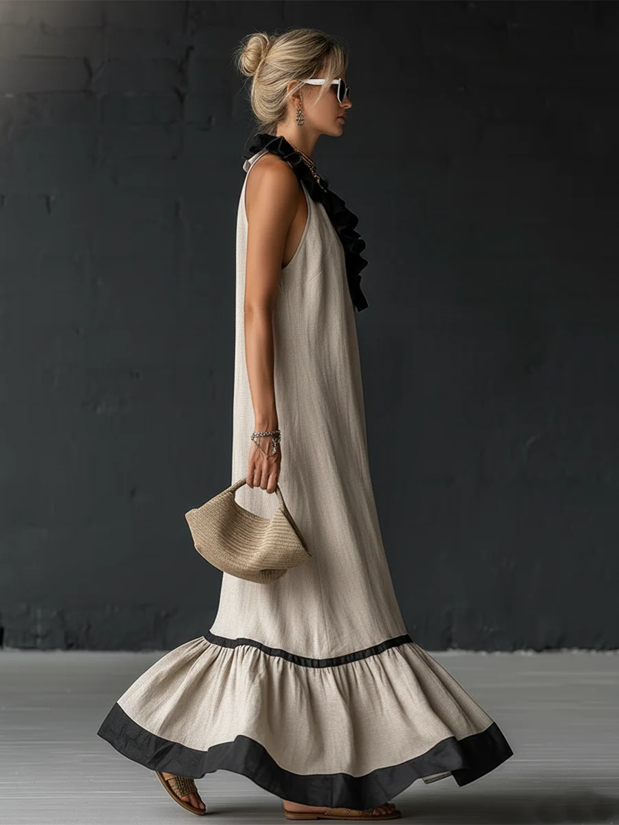 Sofia | Vestido Maxi con Volantes y Detalle Bicolor