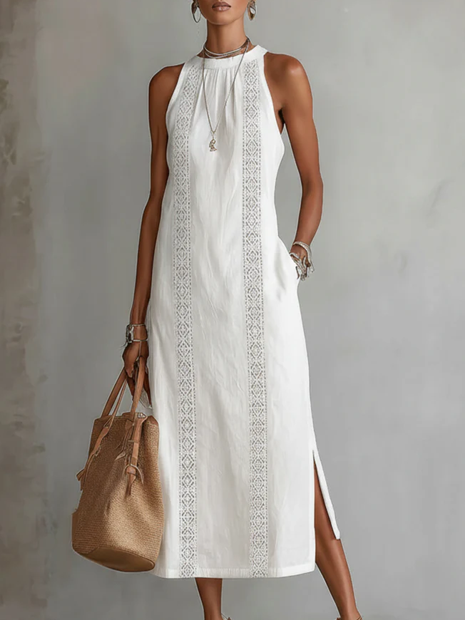 Beatriz | Vestido Midi de Lino con Encaje y Cuello Alto