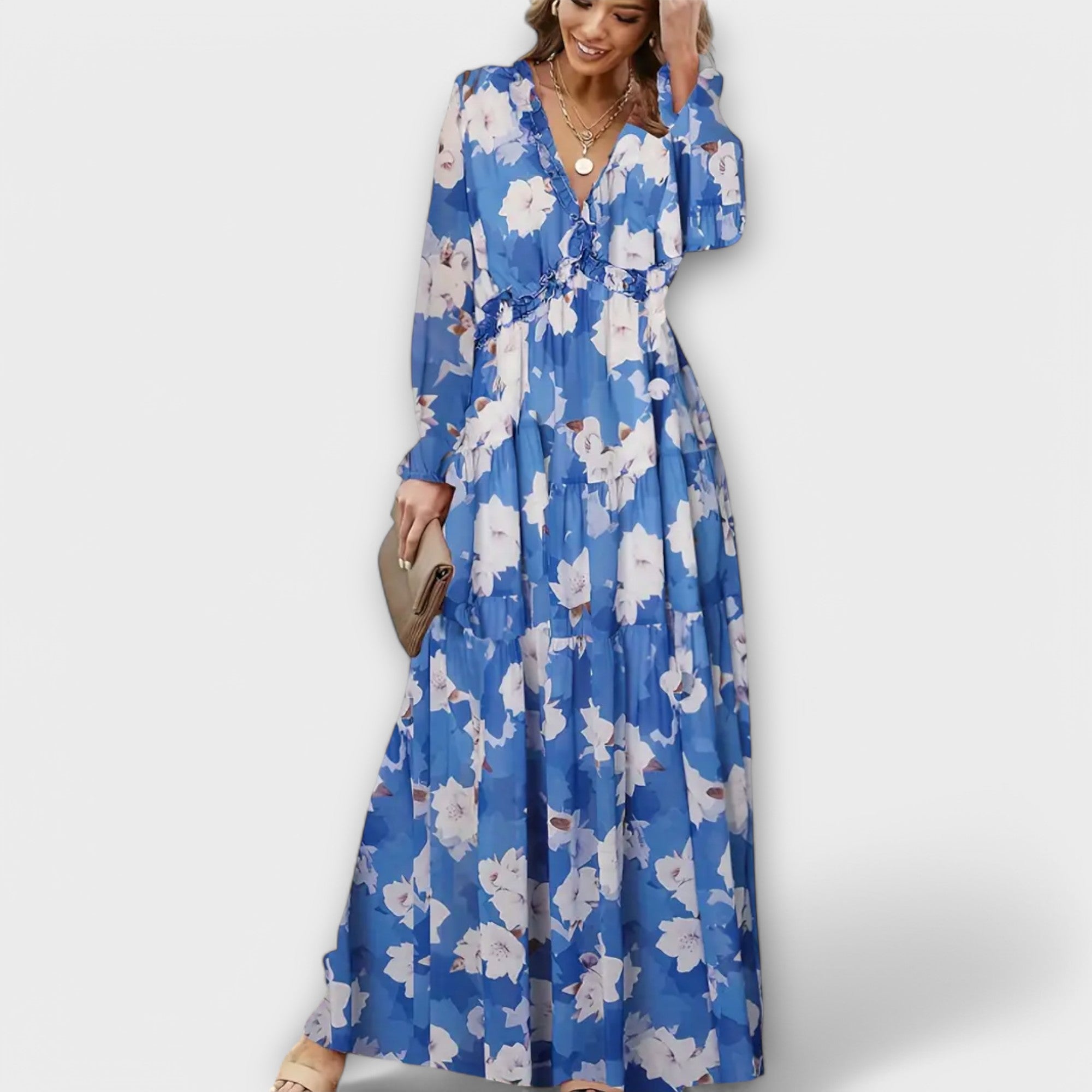 Aldona | Vestido Maxi Floral con Escote V y Tejido Plisado